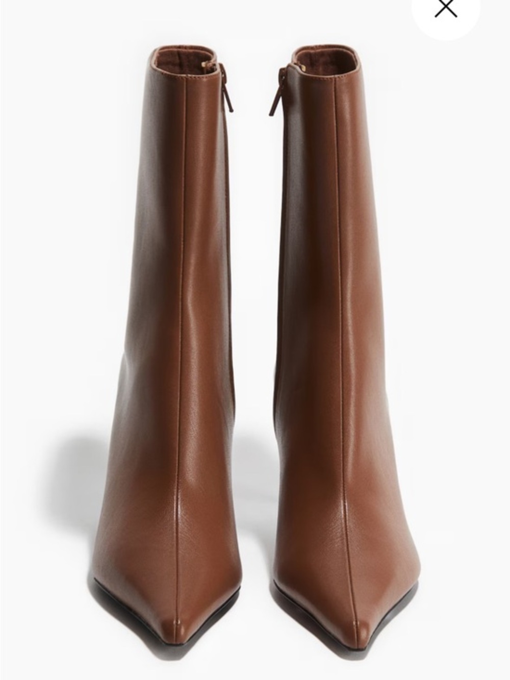 Brown Pointed-Toe Mid-Calf Leather Heeled Boots